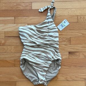 Michael Kors Beige and White Zebra One-Shoulder Swimsuit